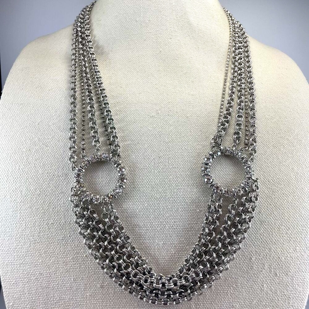White House Black Market Silver Tone Multi Layer Chain Rhinestone Necklace